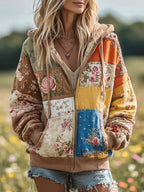 Sudadera con capucha y cremallera floral patchwork vintage para mujer