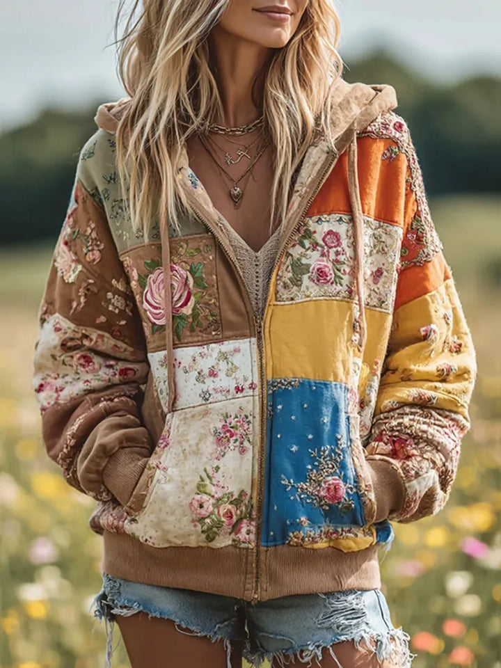 Sudadera Con Capucha Y Cremallera Floral Patchwork Vintage Para Mujer