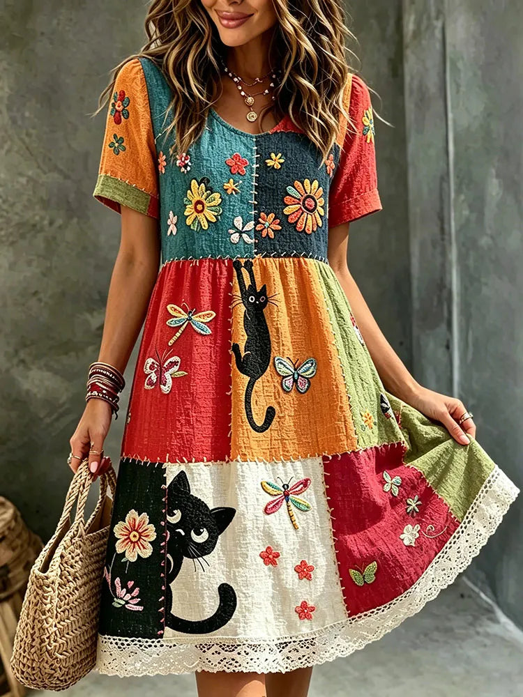 Vestido mini lino bordado gato negro hippie cuello redondo manga corta