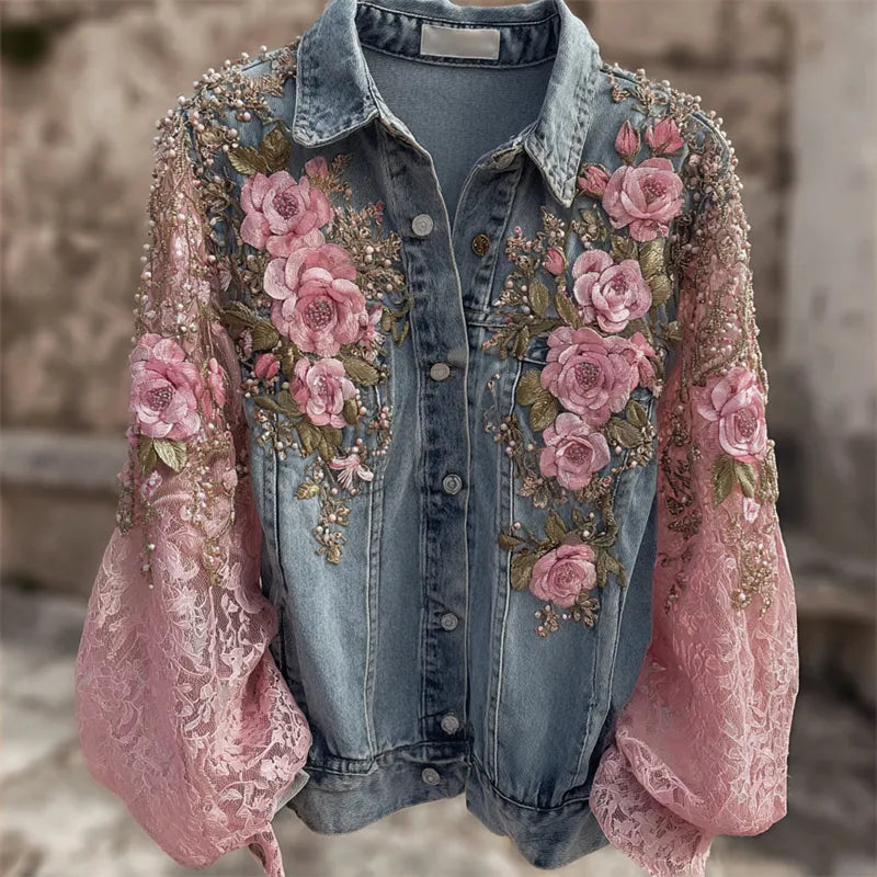 Chaqueta Vaquera Bordada Flores Rosas Glitter