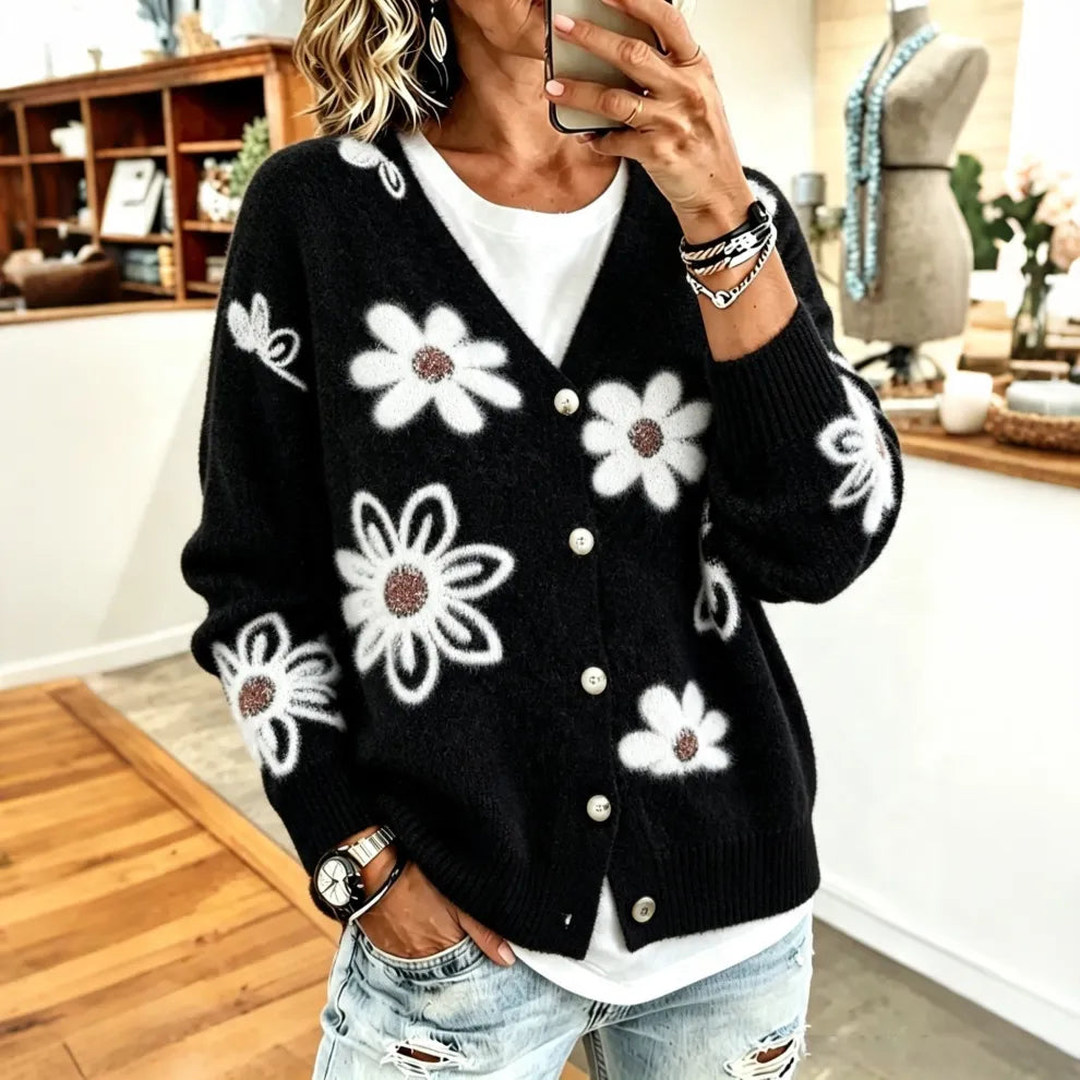 Cárdigan De Punto Esponjoso Jacquard De Margaritas Retro
