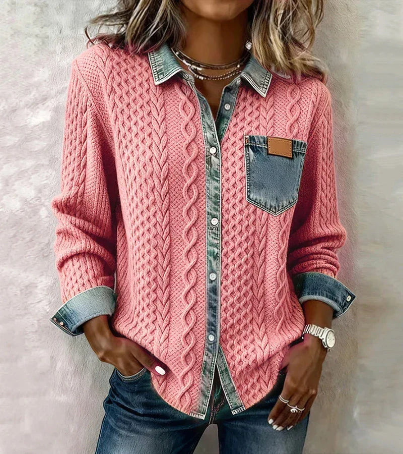Andrea | Patchwork Knit Top With Denim Details