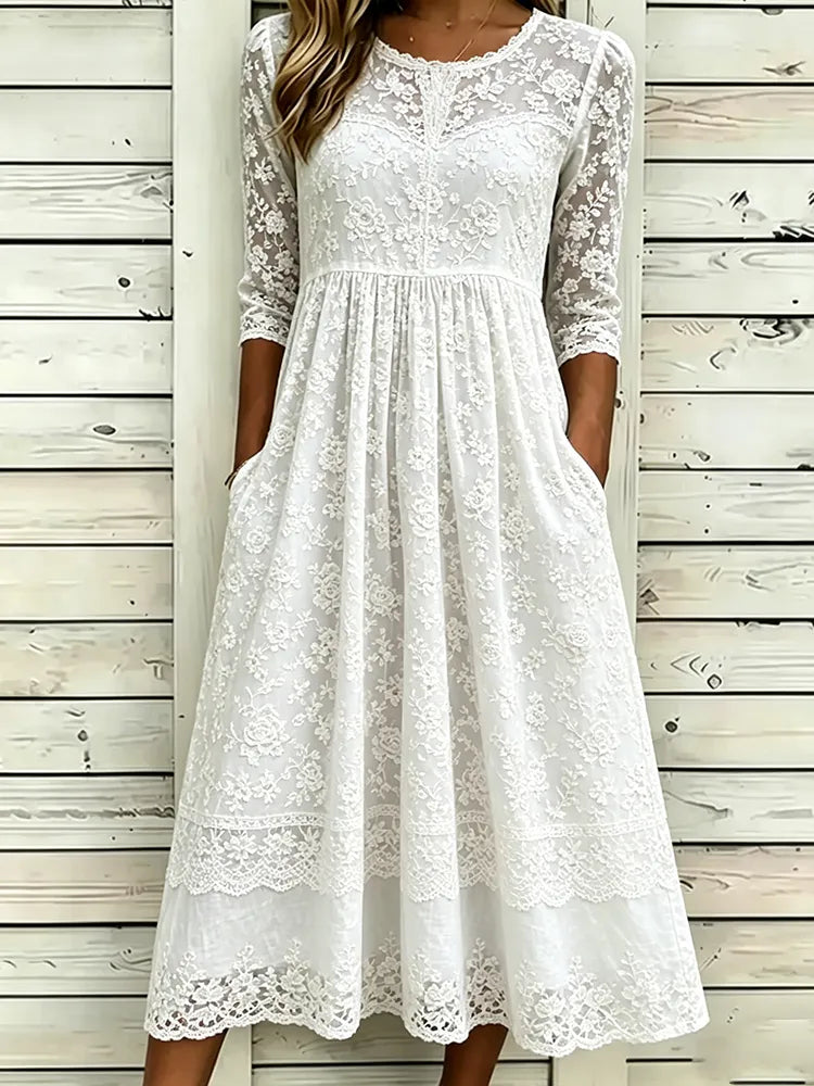 Vestido Cómodo Vintage Blanco Con Bordado Floral Pequeño, Encaje Y Cuello Redondo
