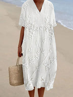 Vestido Elegante de Mezcla de Lino con Encaje Floral Bordado y Escote en V