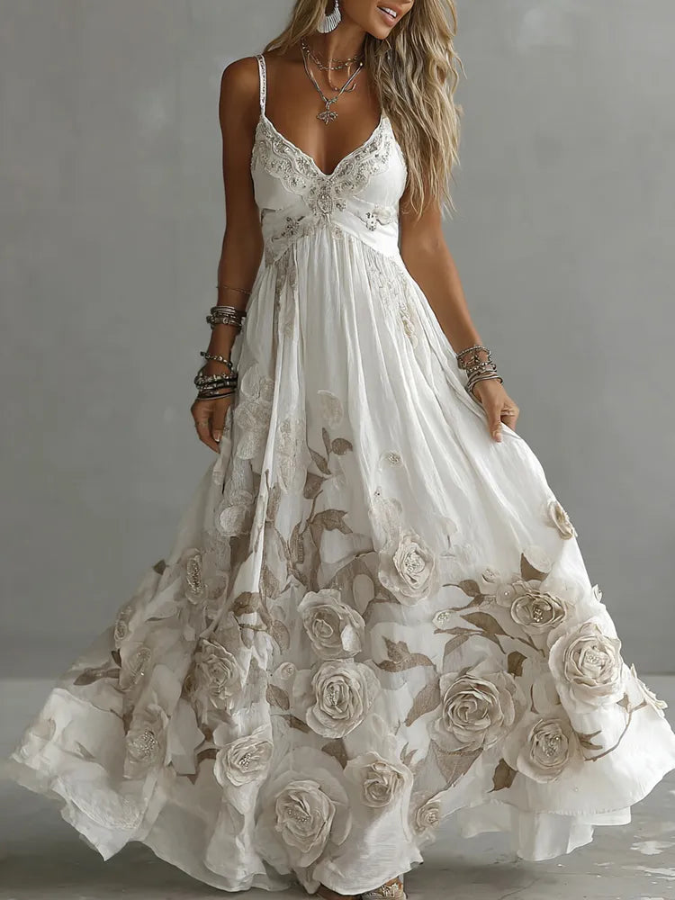 Vestido maxi con tirantes y bordado artístico de rosa vintage para mujer