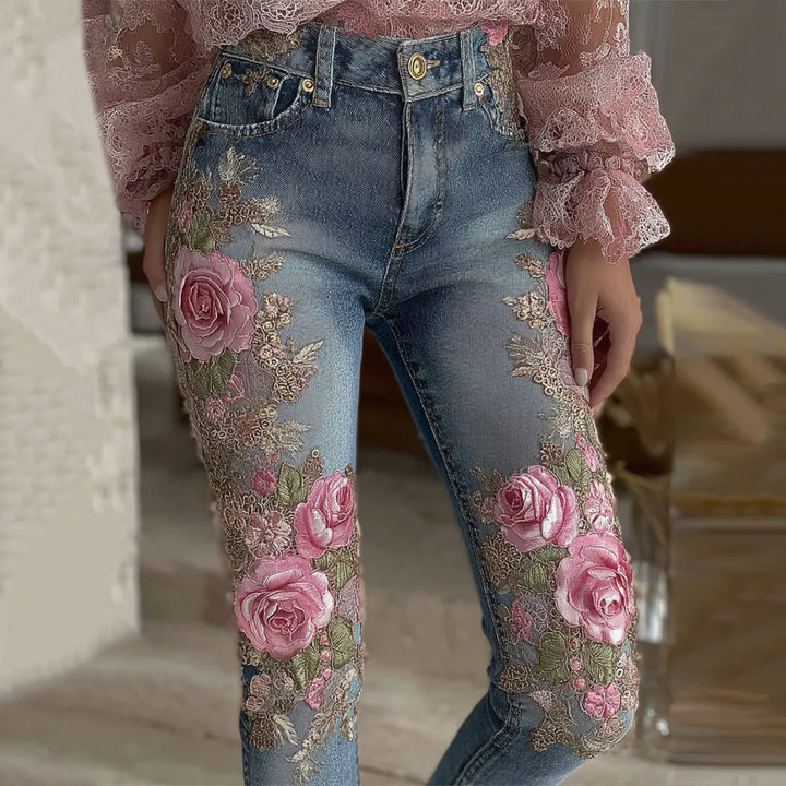 Jeans Casuales Vintage Con Bordado Floral De Rosas Y Diseño Degradado