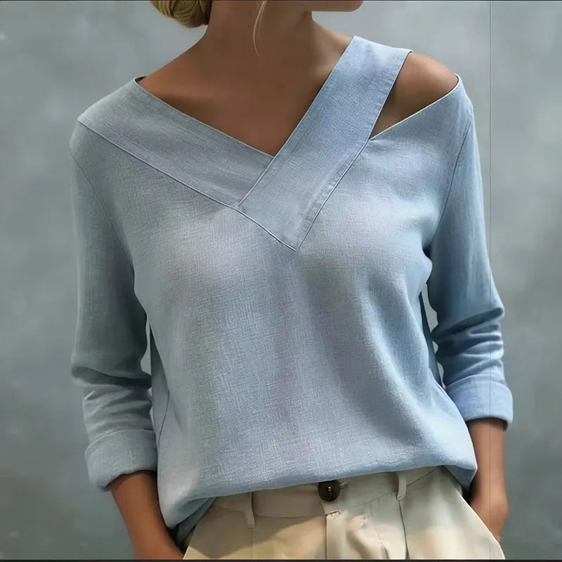 Top casual de algodón y lino con escote en v y diseño con abertura