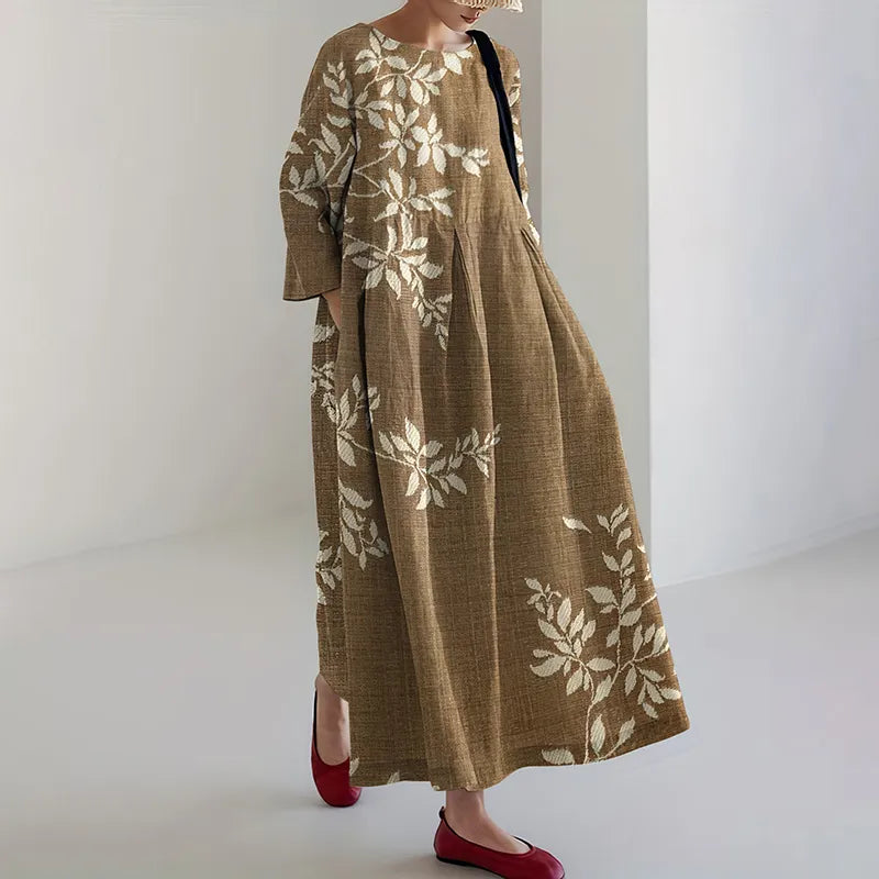 Vestido Midi Casual de Manga Larga con Estampado Floral de Arte Japonés