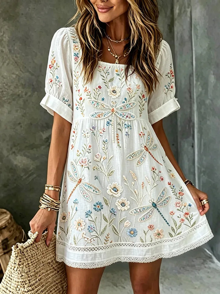 Vestido Mini Hippie Vintage Con Bordado Floral Y Libélulas Cuello Redondo