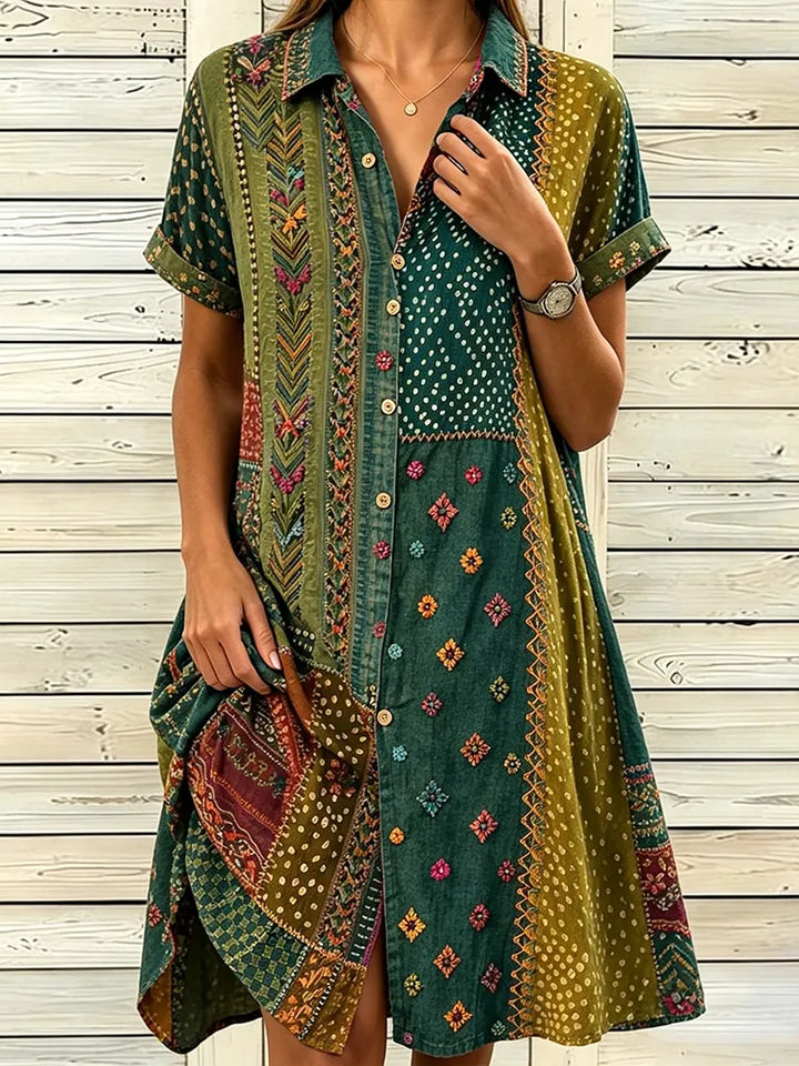 Vestido Camiseiro De Linho Boho Vintage Com Patchwork Artístico