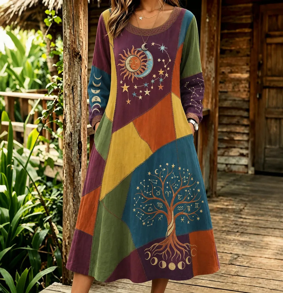 Vestido Midi Retro Patchwork - Estampado Árbol De La Vida, Sol, Luna Y Estrellas
