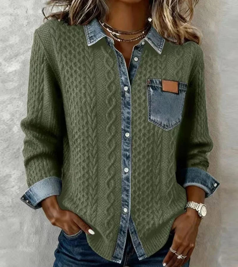 Andrea | Patchwork Knit Top With Denim Details