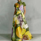 Vestido Maxi Floral de Vacaciones con Cuello Mao