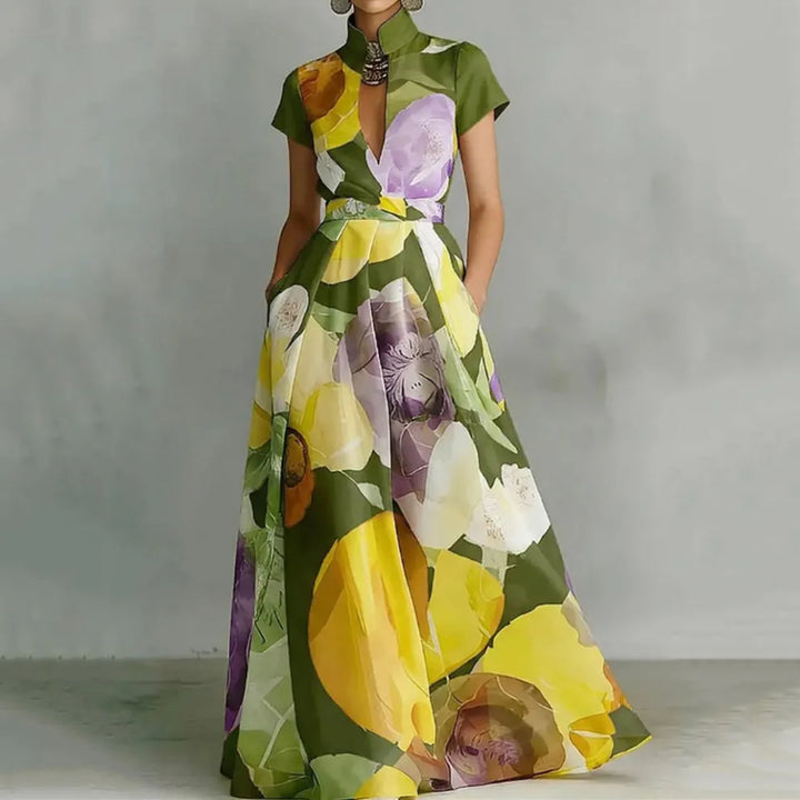 Vestido Maxi Floral de Férias com Gola Mandarin