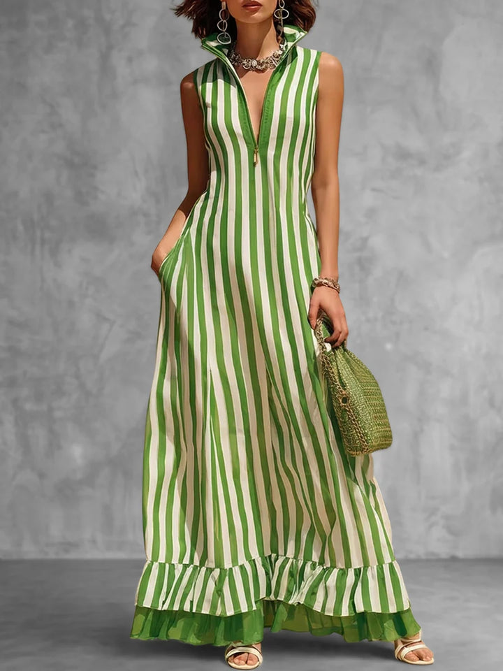 VESTIDO MAXI SOLTO SEM MANGAS COM FECHO, RISCAS, FOLHOS, BOLSOS E GOLA MAO