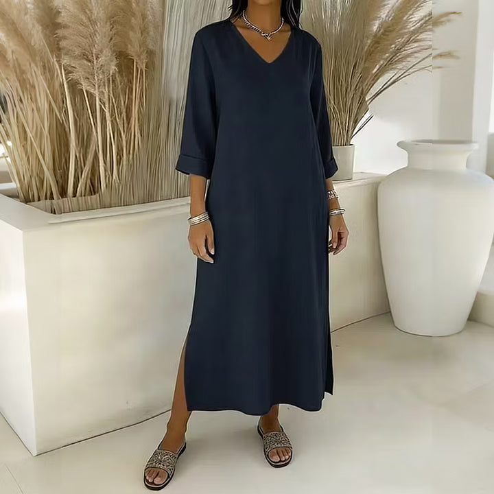 Vestido Maxi Color Sólido Con Cuello En V Y Manga Larga Estilo Retro En Poliéster