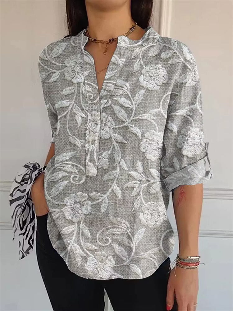 CAMISA FEMENINA DE LINO CON ESCOTE EN V Y ESTAMPA FLORAL JAPONESA VINTAGE