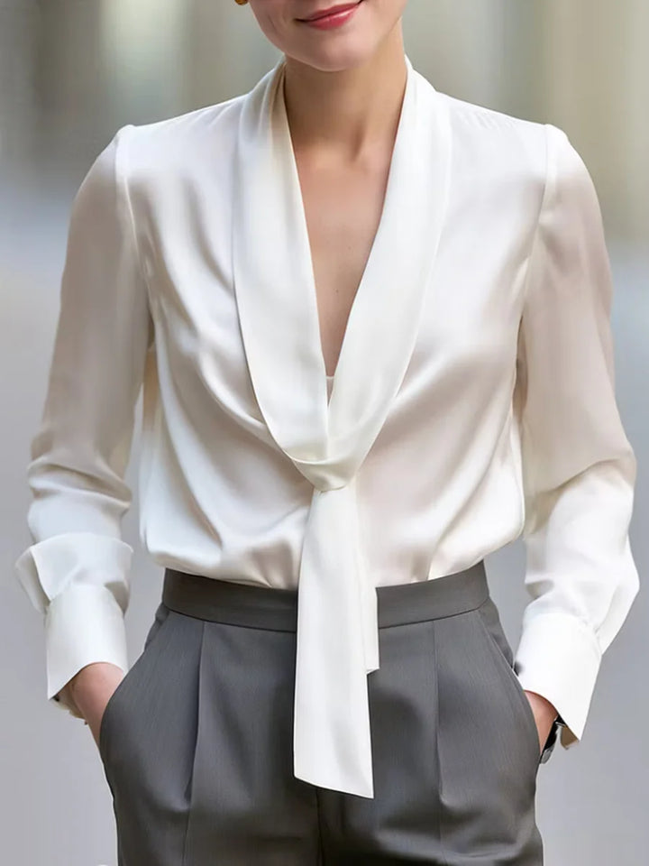 Blusa Camisa Color Sólido Manga Larga Con Cuello En V Y Nudo En La Cintura