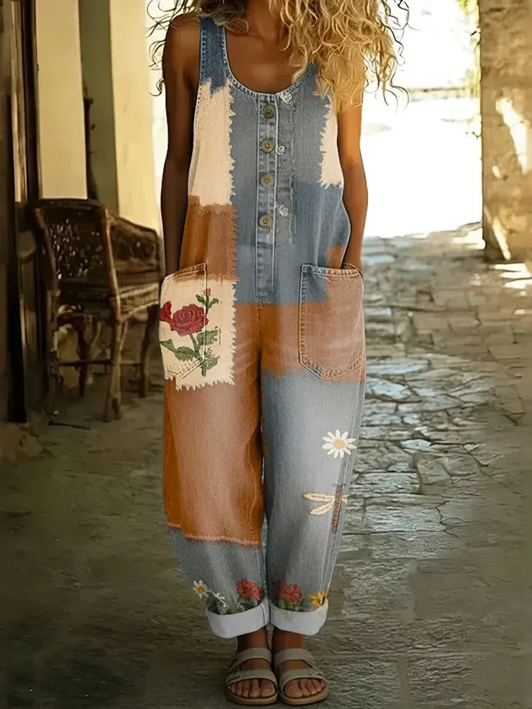 Peto casual de algodón y lino retro con estampado floral