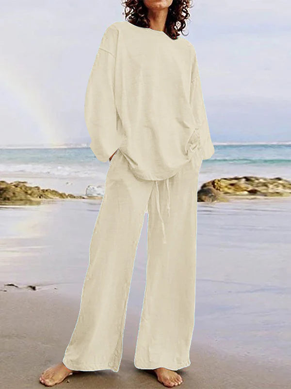 Conjunto Dos Piezas - Camisa Holgada Manga Larga Cuello Redondo + Pantalón Con Cordón - Color Liso
