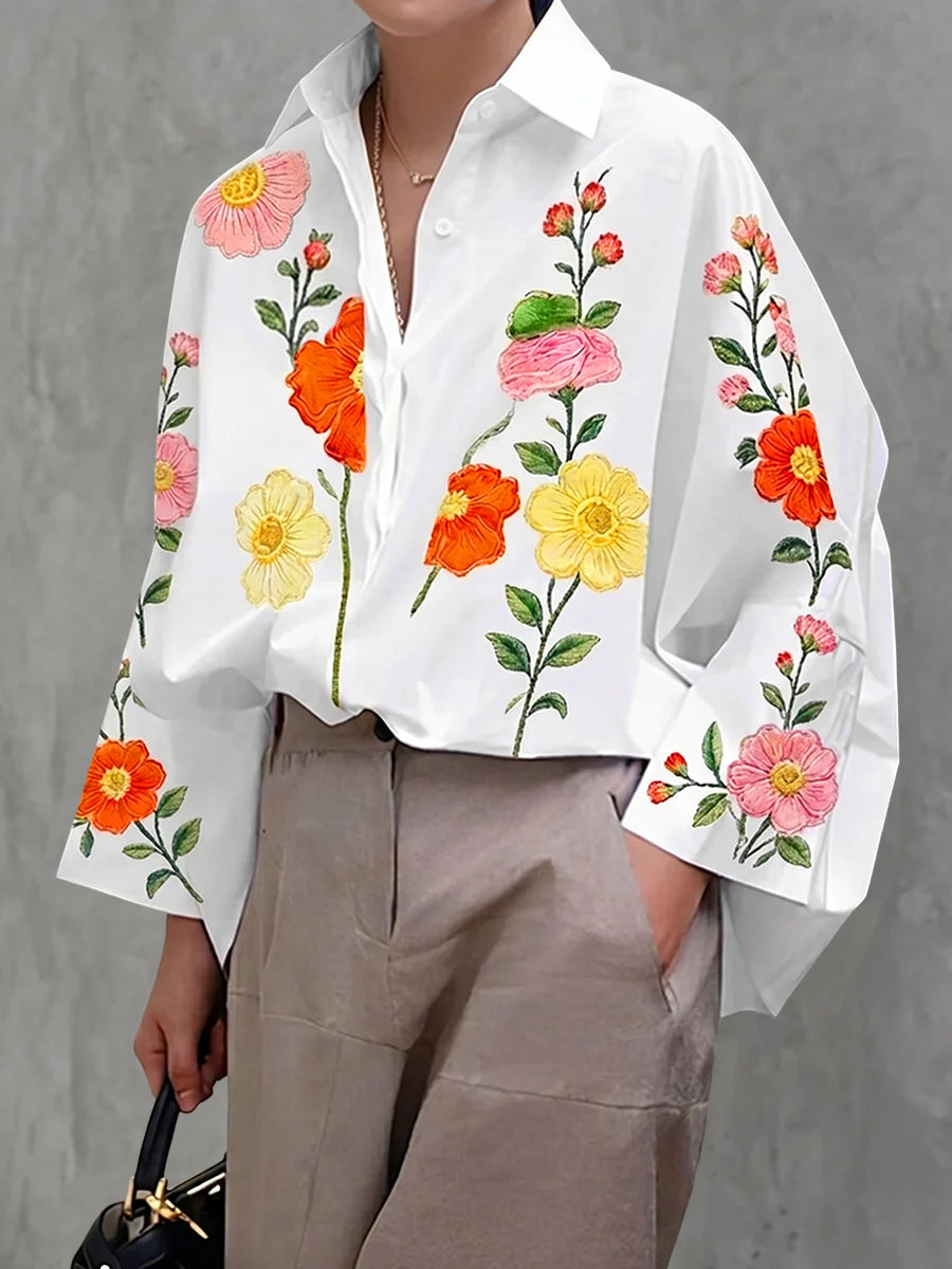 BLUSA FOLGADA DE MANGA COMPRIDA COM BOTÕES, ESTAMPADO FLORAL EM CONTRASTE E SOLAPA