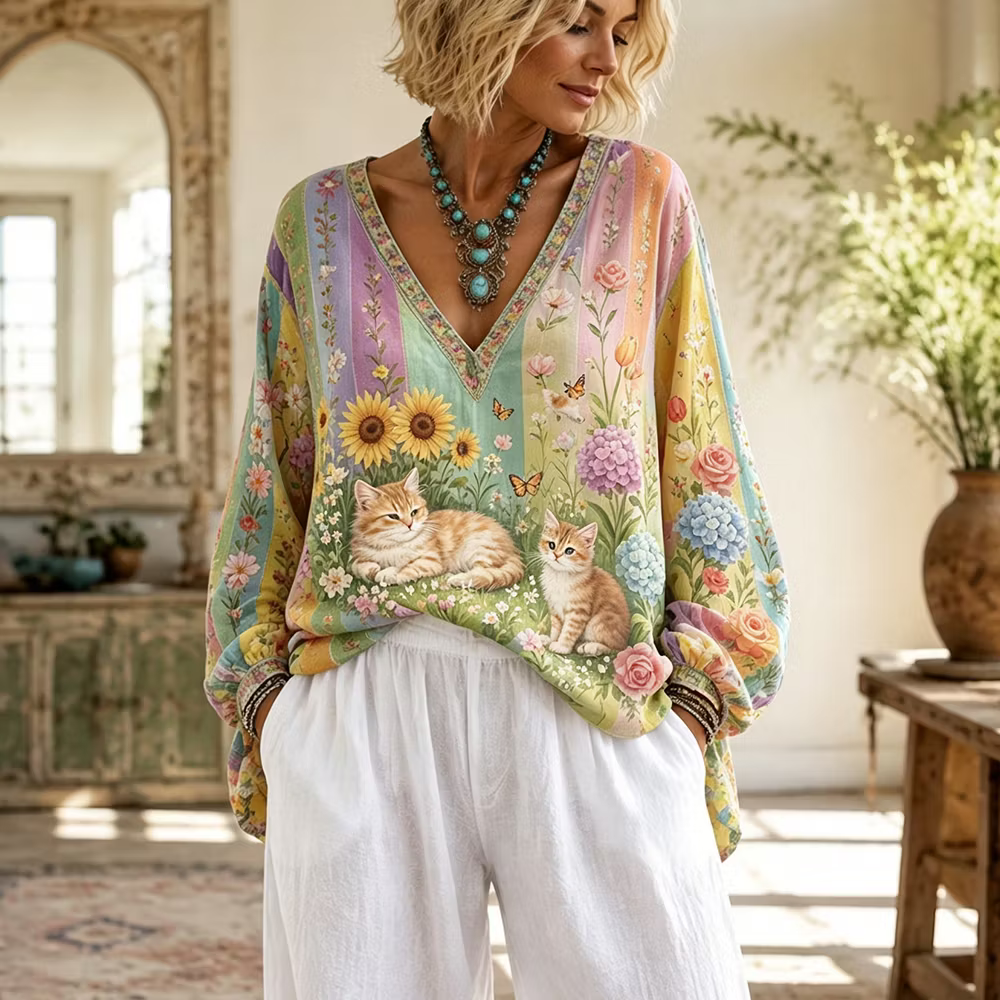 Blusa Boho Cuello En V - Estampado Art Rayas Gato Y Girasol Manga Larga