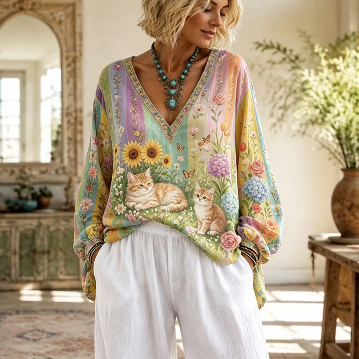 Blusa Boho Cuello En V - Estampado Art Rayas Gato Y Girasol Manga Larga