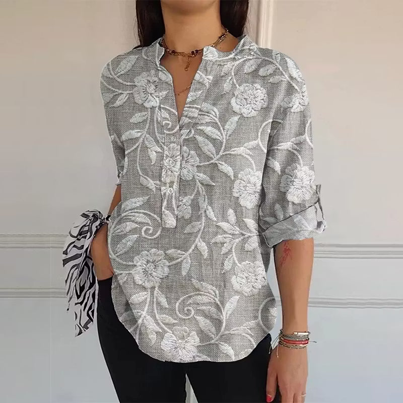 CAMISA FEMENINA DE LINO CON ESCOTE EN V Y ESTAMPA FLORAL JAPONESA VINTAGE