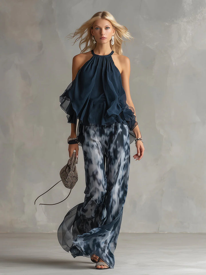 Luna | Conjunto Elegante De Gasa Com Top De Gola Alta E Calças Largas Estampadas