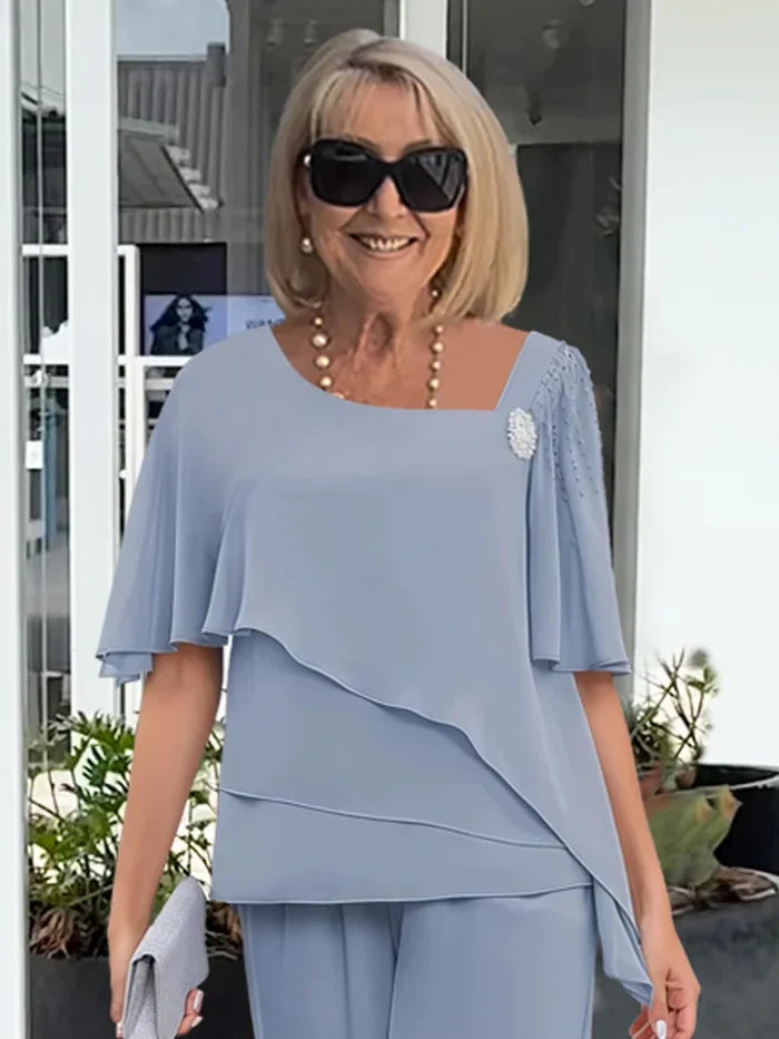 CONJUNTO FEMENINO TOP EN CAPAS ASIMETRICO Y PANTALON DE PIERNA ANCHA - LOOK ELEGANTE PARA NOCHE
