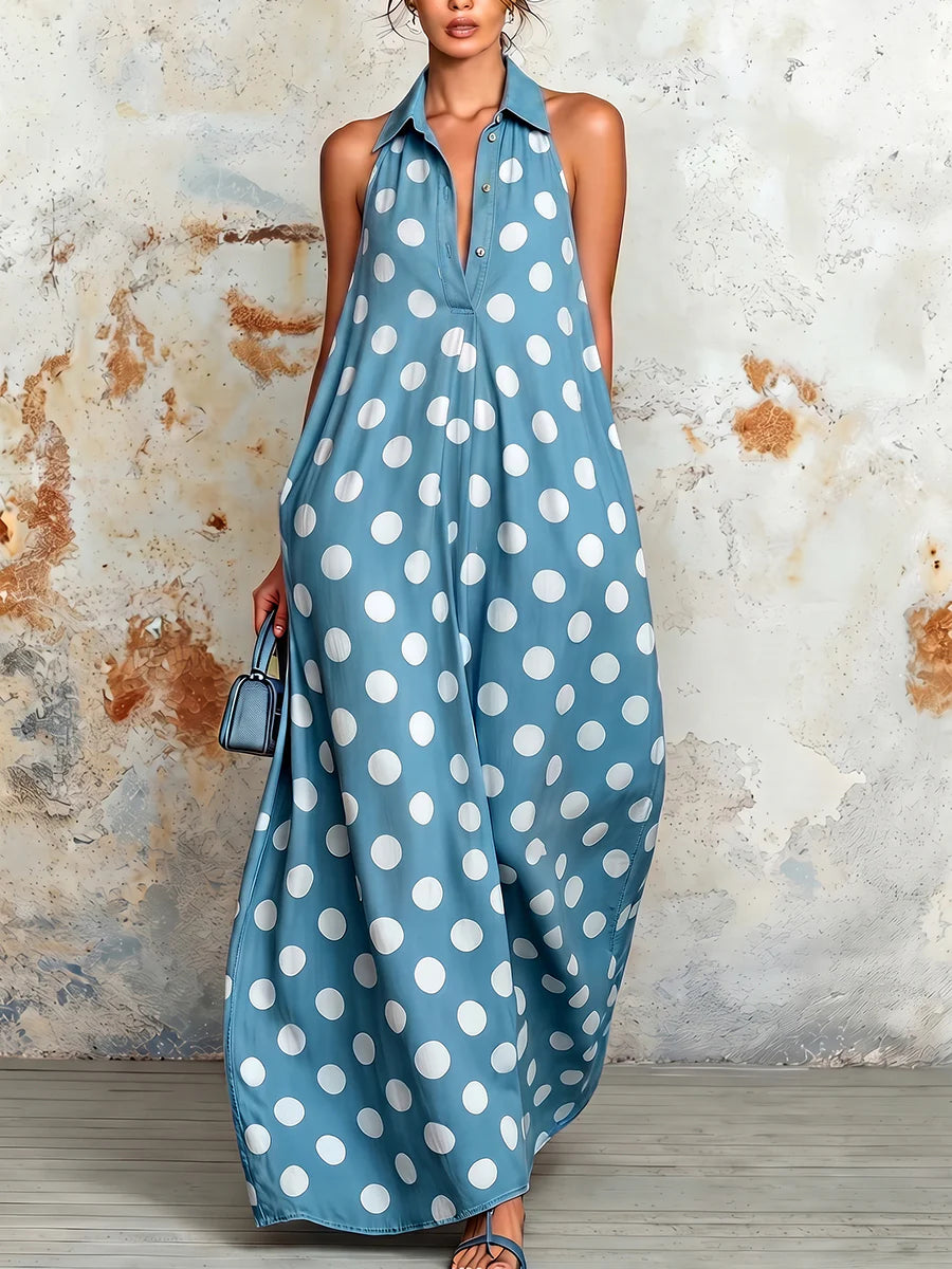 Vestido Maxi Holgado Sin Mangas Con Lunares, Plisado, Botones Y Color En Contraste
