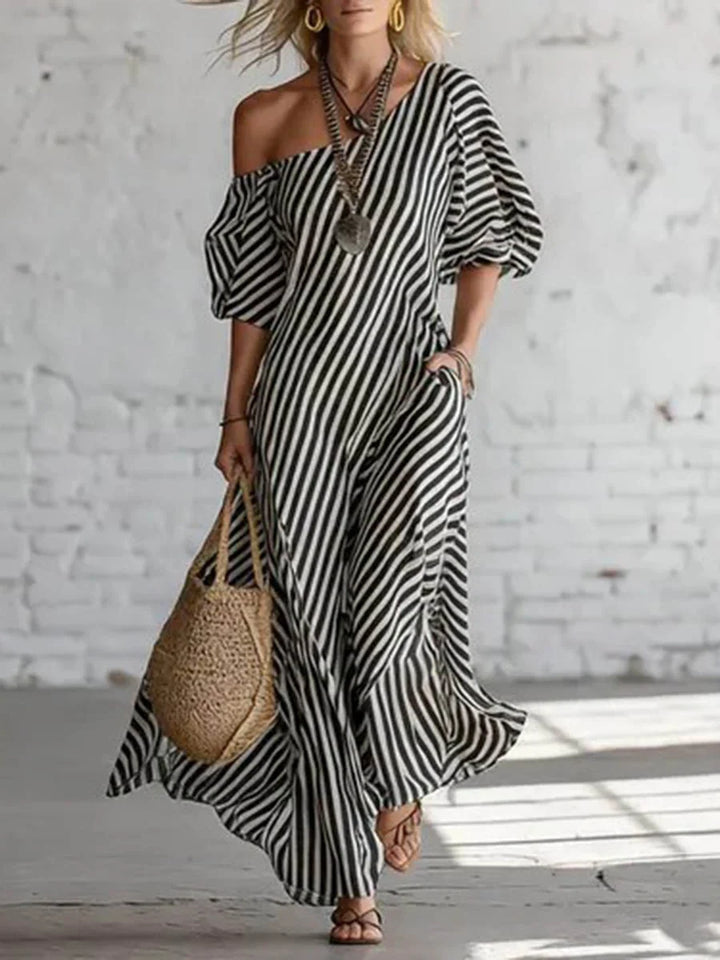 Vestido Maxi Plus Size às Riscas De Um Ombro Com Bolsos E Manga Balão