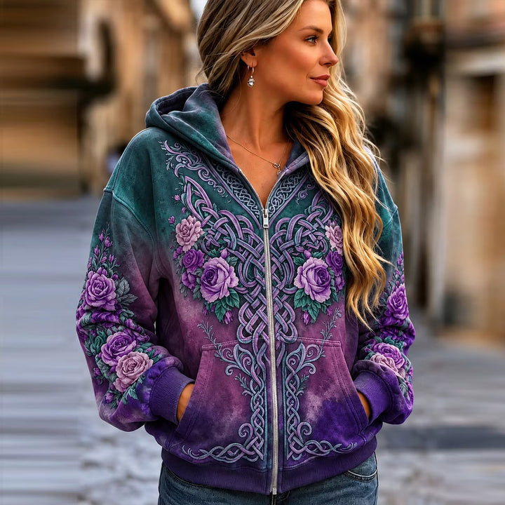 Sudadera Con Capucha Y Cremallera Vintage - Estampado Vikingo Nudo Celta Y Rosa