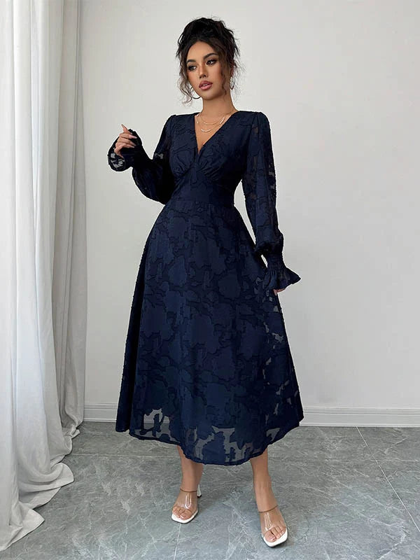 Vestido Midi Jacquard Com Folhos, Cintura Elástica, Decote Em V Profundo E Estampado De Folhas