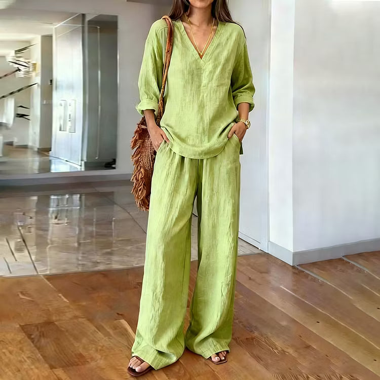 Two-Piece Set: Long Sleeve V-Neck Top and Retro Style Cotton Pants with Pockets