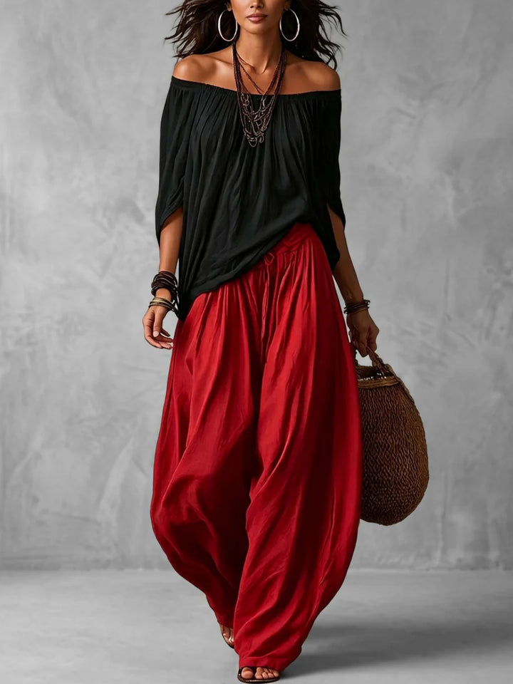 Conjunto Dos Piezas Blusa Plisada Hombros Descubiertos Y Pantalón Cintura Alta