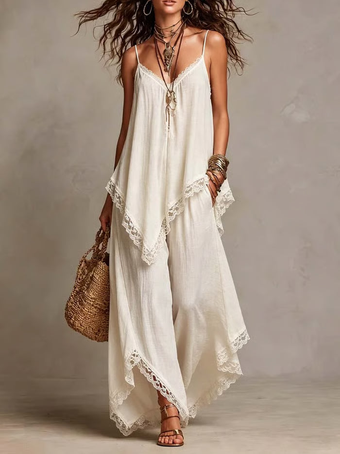 CONJUNTO CAMI DE TIRANTES CON ENCAJE Y PANTALÓN PIERNA ANCHA EN BLANCO