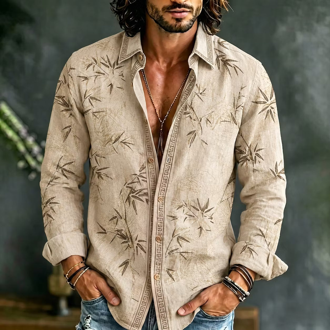 Camisa Hombre Manga Larga Estampado Bambú Japonés Retro