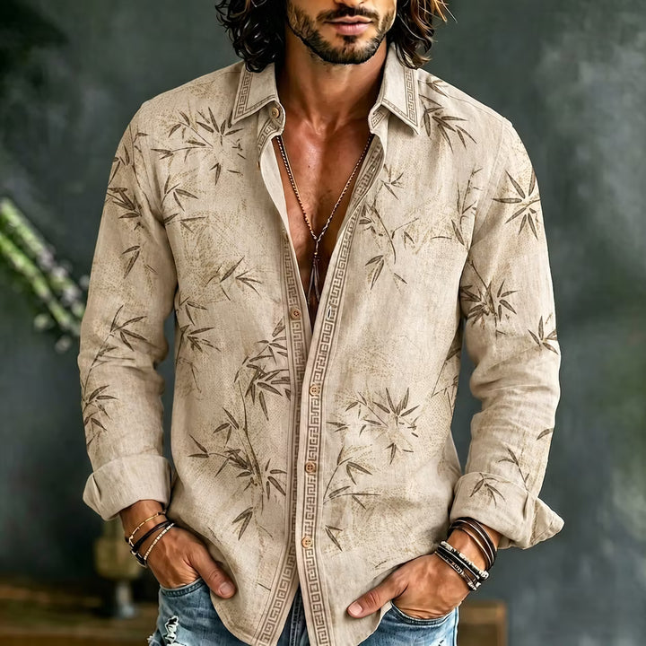 Camisa Hombre Manga Larga Estampado Bambú Japonés Retro