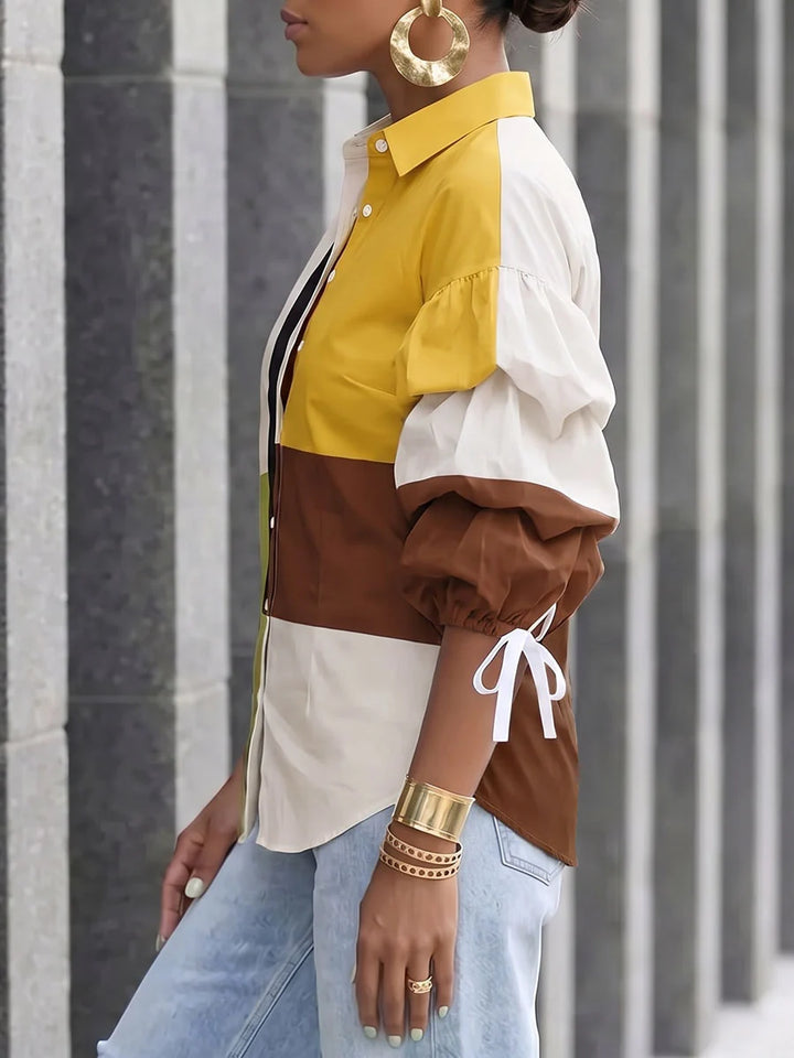Blusa De Manga Tres Cuartos Abullonada Con Lapela, Elástico Y Color Contrastante Con Botones