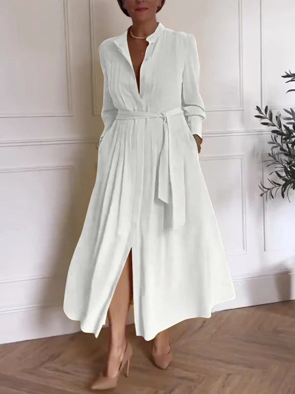 Vestido Maxi Camisero Línea A Con Bolsillos, Cintura Anudada Y Escote En V