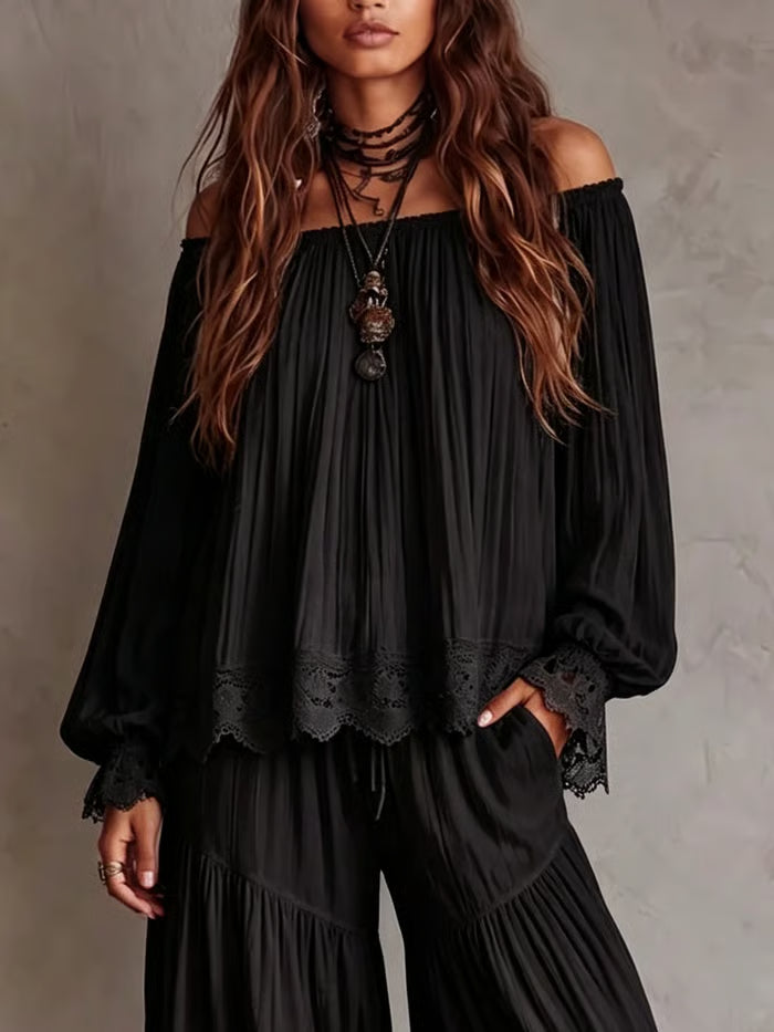 CONJUNTO DOS PIEZAS NEGRO - TOP HOMBROS DESCUBIERTOS CON ENCAJE Y PANTALÓN HARÉN