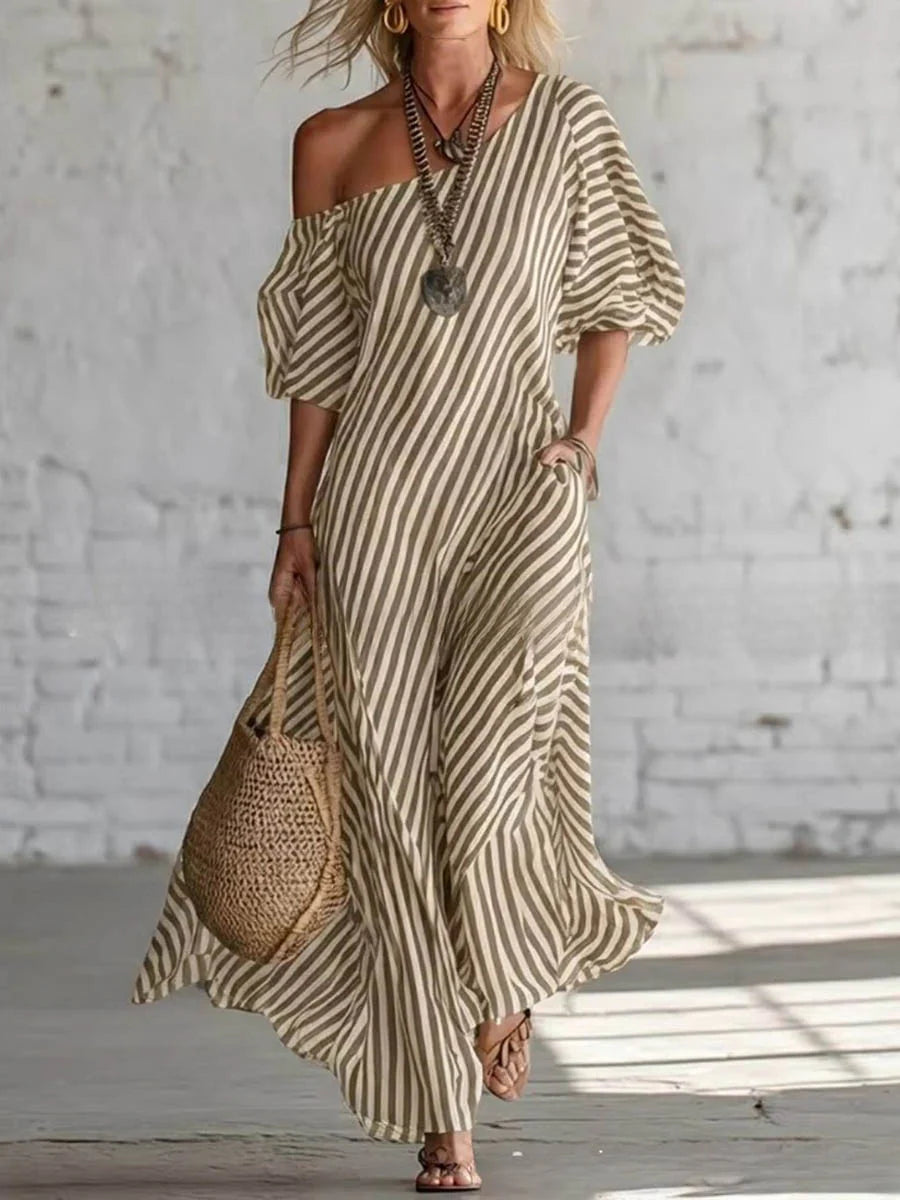 Vestido maxi plus size un hombro a rayas bolsillos suelto