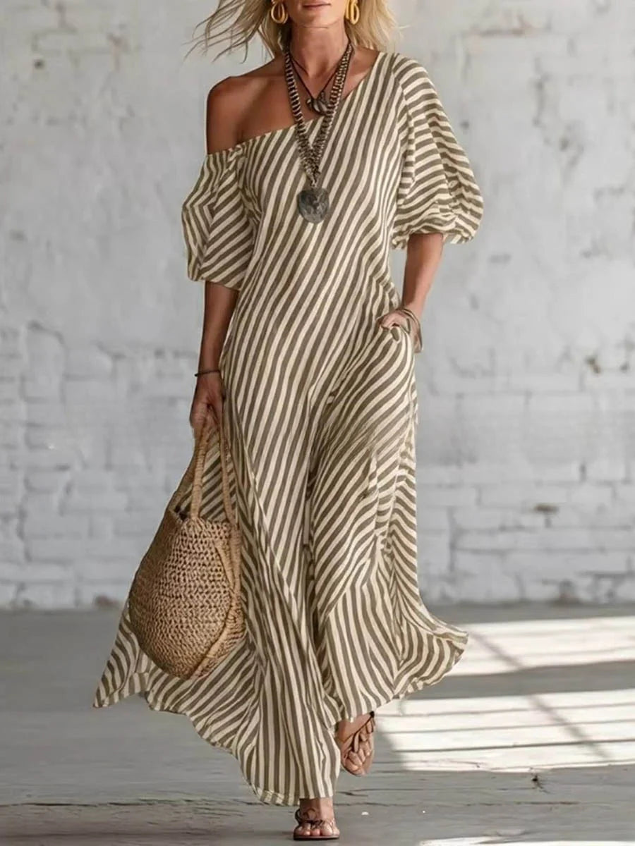 Vestido Maxi Plus Size às Riscas De Um Ombro Com Bolsos E Manga Balão