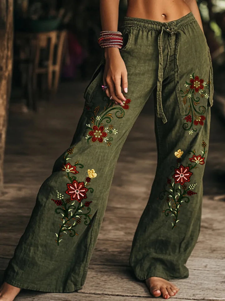 Pantalones Anchos De Algodón Y Lino Con Estampado Floral Vintage