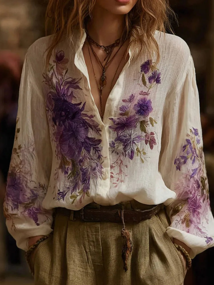 Camisa De Lino Para Mujer Con Estampado Floral Bohemio
