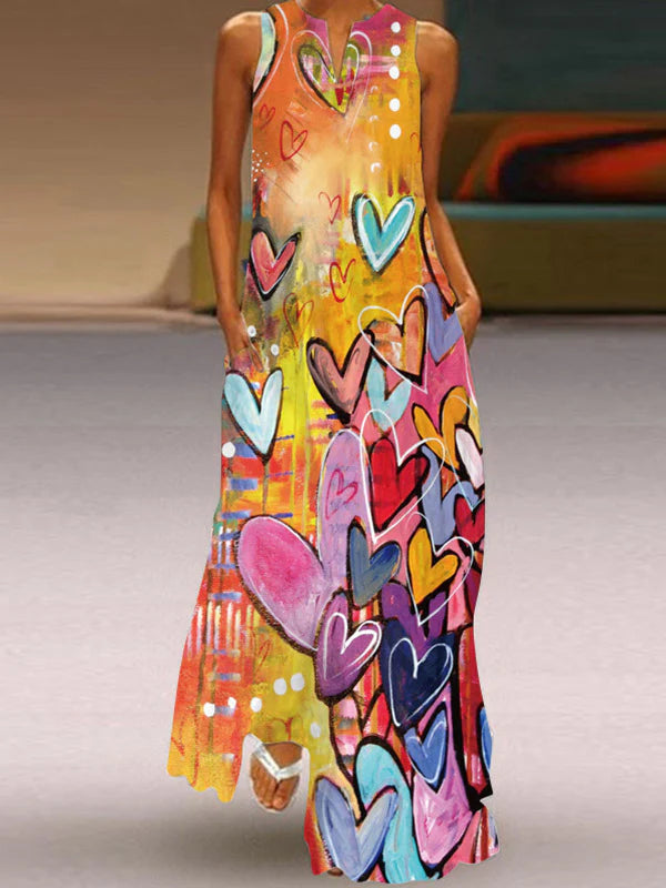 Vestido Maxi Holgado Línea A Con Estampado De Corazones Y Cuello Redondo