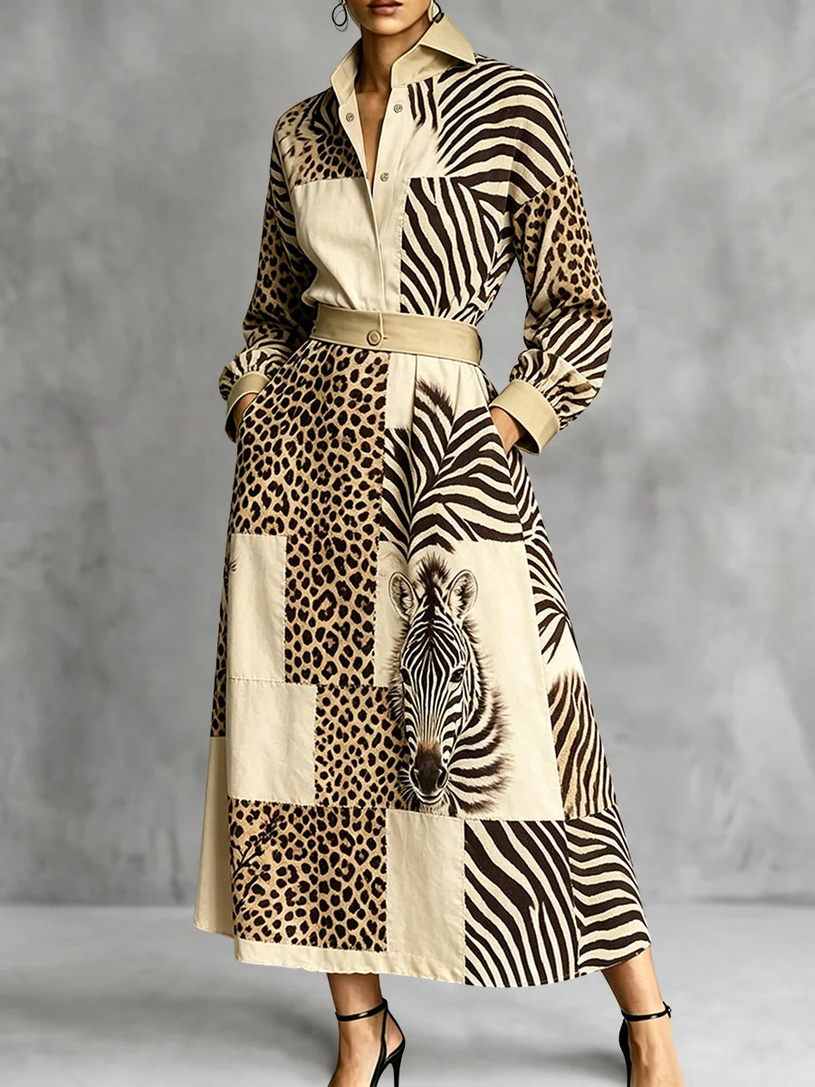 Vestido Maxi Estampado Cebra Y Leopardo Con Bolsillos Manga Larga Cintura Alta Y Solapa