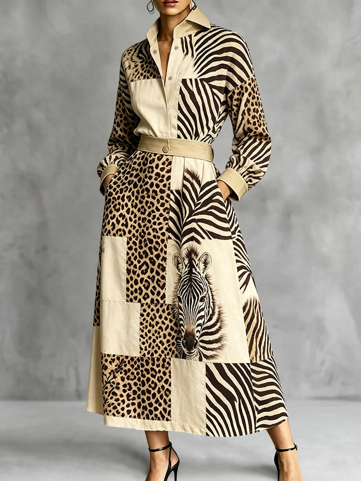 Vestido Maxi Estampado Cebra Y Leopardo Con Bolsillos Manga Larga Cintura Alta Y Solapa