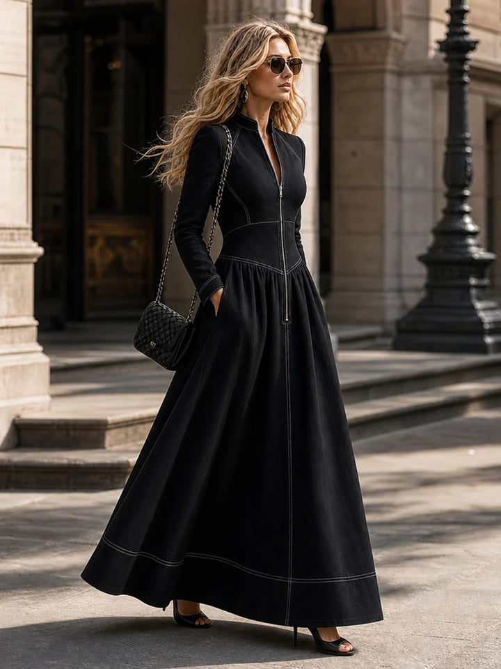 Vestido Maxi Con Cuello Alto Y Mangas Plisadas En Color Contrastante